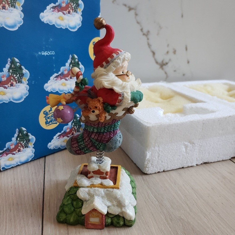 Enesco Santa Spring Figurine 6" Jingle Bell Hat Stocking on Chimney Traditional